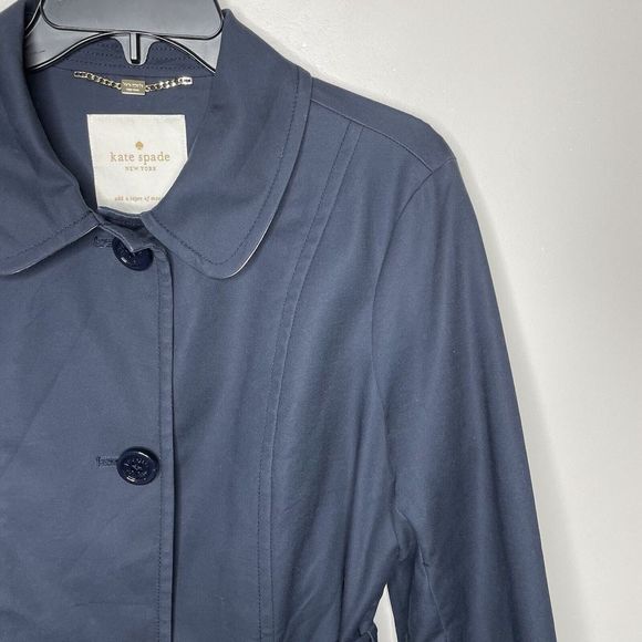 KATE SPADE Womens Blue Button-Front Ruffle-Trim Coat Medium M Lined Cotton-Blend - Picture 2 of 12